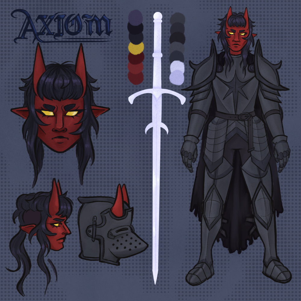 An illustrated reference sheet of Axiom, displaying her armor, helmet, sword, and a a closeup of her face.