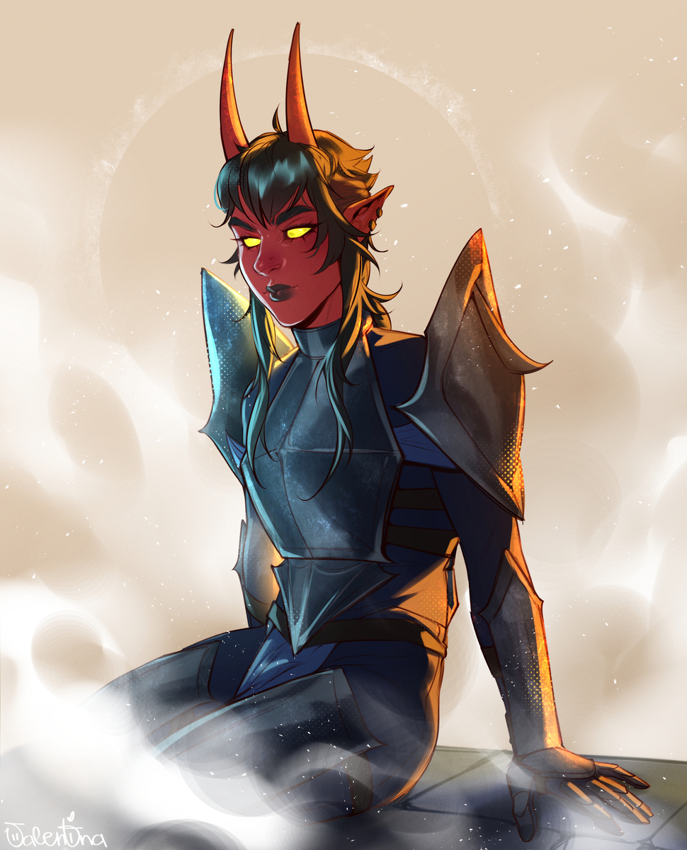 An illustration of Axiom. She is seated and leaning slightly forwards. Her face is neutral, perhaps even content.